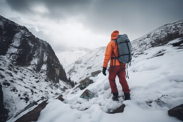 Adventurer in Orange Jacket with Grey Pack Looks at Snowy Mountains. Generative AI.