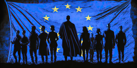 European Unity: Silhouettes of People Holding the Flag of EU - Generative AI - obrazy, fototapety, plakaty