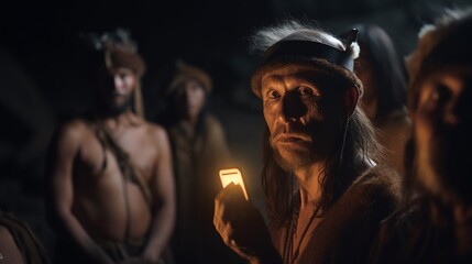 Fototapeta na wymiar Urzeitliche Steinzeit Neandertaler machen ein Selfie mit Handy, ai generativ