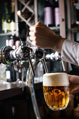 A bartender pours a glass of beer in a bar.