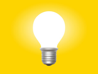 Vector business illustration of glow light bulb on yellow color background. Realistic 3d design style of shine light bulb