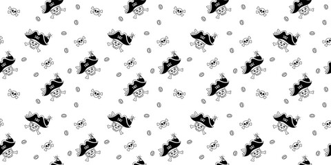 Obraz na płótnie Canvas Vector seamless pattern illustration with skull of pirate in captain hat with burning bomb on white color background. Flat line art style design of seamless pattern with coin and pirate