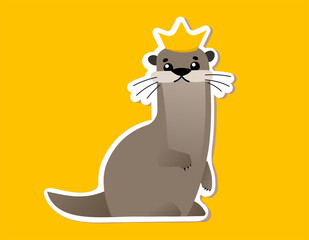 Vector illustration of beautiful animal otter on yellow color background with stroke and crown. Flat style design of otter with mustache