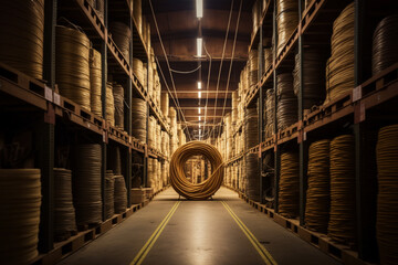 Warehouse with wooden coil wire electric cable - obrazy, fototapety, plakaty
