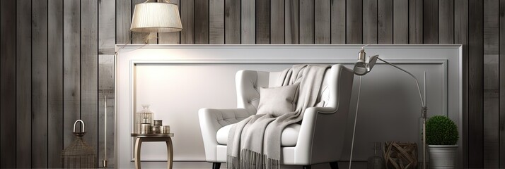 Farmhouse Charm  White Armchair in Gray Plank Walled Living Room, Generative AI