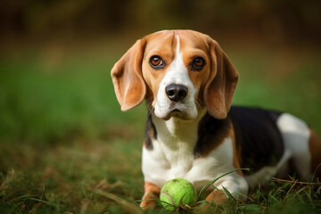 Stoic beagle with tennis ball sitting in the grass