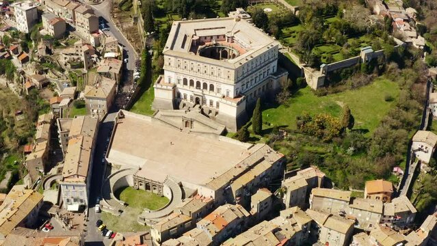Aerial view of the Villa Farnese, a pentagonal mansion in Caprarola, near Viterbo, Italy. It is a massive Renaissance and Mannerist construction. It is built on a five-sided plan in reddish gold stone