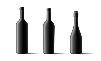 3d set of black bottles of different shapes for design and advertising of wine, sparkling wine. Modern plaque design isolated on white background.