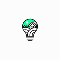Logo portraying a radiant light bulb infused with the essence of nature. Within the bulb, picture a stunning panorama. Peaceful rice field nestled at the base of towering mountains.