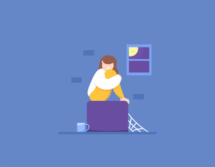 a woman who always feels alone and lonely. sitting alone, gloomy and pensive in the room. an empty and unwanted state of mind. depression and frustration. illustration concept design. vector elements