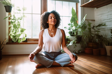 Generative AI image of a middle-aged woman meditating in a sunlit room in her home