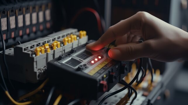 ﻿Electrician installing electric cable wires and fuse switch box, detailed close-up with multimeter in hands - AI generation.