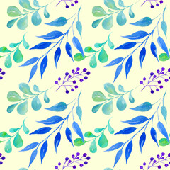seamless pattern with watercolor leaves, illusration, sketch, green color, blue color, purple color herbal ornament, trendy design for card, box, blank