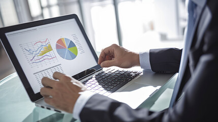 A focused man at his desk, immersed in his laptop, with natural daylight illuminating the workspace, creating a productive and serene environment.