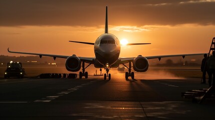 Fototapeta na wymiar Linienflugzeug auf der Landebahn im Hintergrund die Abendsonne 