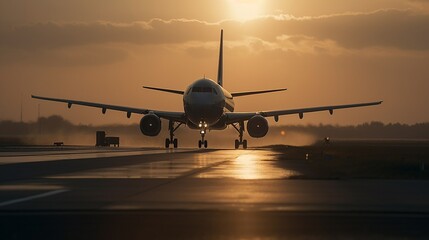 Fototapeta na wymiar Linienflugzeug auf der Landebahn im Hintergrund die Abendsonne 