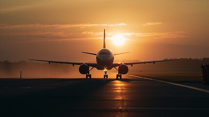 Linienflugzeug auf der Landebahn im Hintergrund die Abendsonne  - obrazy, fototapety, plakaty