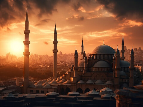 Islamic mosque dramatic sunset scene sunset view of a mosque in istanbul