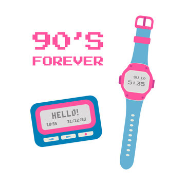 Retro watch and pager. 90s forever phrase. Cartoon vector illustration.