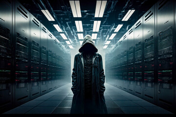 Dangerous hacker penetration tester engineer standing in a digital technology datacenter server room.