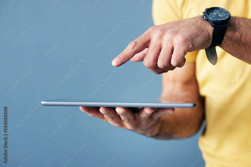 Poster Man, hands and tablet pointing on mockup for interactive design, touch or networking against a studio background. Hand of male with finger point gesture on mobile responsive touchscreen on copy space