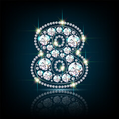 Numeral 8 (eight), a figure made of precious stones of diamonds. Jewelry with bright highlights. Realistic illustration. On a dark background. Vector.