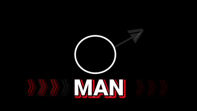 Man sign illustration with gent symbol for information direction with arrow. Colorful Neon flickering light 