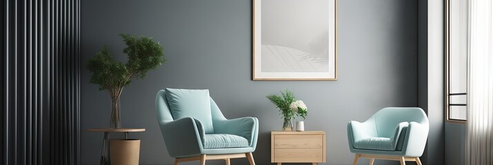 Cozy Blue Chair  Living Room Design with Mock Up Poster, Generative AI