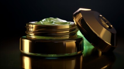 Tiegel Glasbehälter mit Kosmetik Creme in grünem Glas, ai generativ