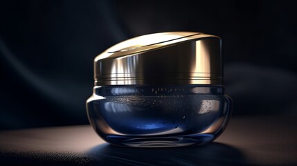 Tiegel Glasbehälter mit Kosmetik Creme in blauem Glas, ai generativ
