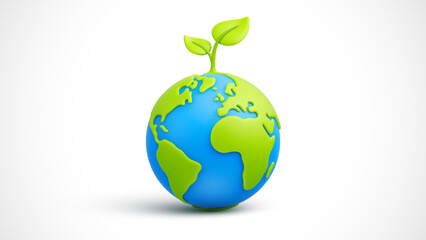Cartoon planet Earth with green sprout and leaves on white background. Planet Earth day or Environment day concept. Save green planet concept. Vector illustration