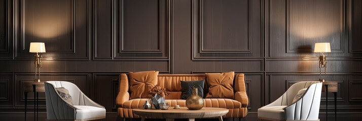 Modern Living Room  Chic Coffee Table   Elegant Armchairs with Classic Wall Paneling, Generative AI