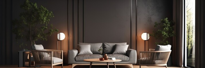 Contemporary Comfort  Stylish Living Room Design with Blue Wall  Armchair and Coffee Tables, Generative AI