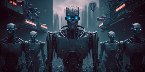 Fototapeta premium Robots rule the world in background image. Generative AI