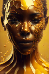 Golden fluid covers woman's face in honeycomb background. Generative AI