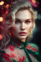 Magnolia lights illuminate beautiful woman in haute couture. Generative AI