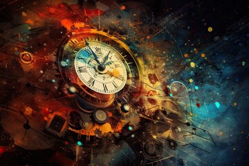 Clock and clock mechanics in space. Futuristic abstract background. Vibrant colors. Generative AI illustration. Time and universe concept
