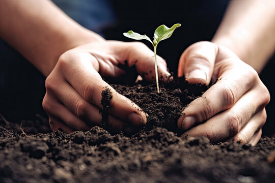 hands holding seedling. earth day concept. AI generative image.