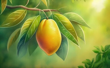 Drawn mango on a jungle background watercolor tropical exotic fruit organic food illustrations Generative AI