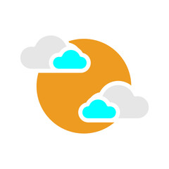 Weather forecast, yellow colored gold sun with rays and cloud flat web icon, website logo, illustrated a color image on an isolated background