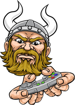 A viking warrior or barbarian gamer mascot holding video game controller playing games cartoon character
