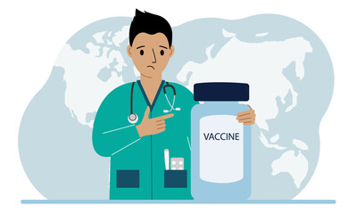 Pandemic, vaccination and health concept. Doctor with a bottle of vaccine.