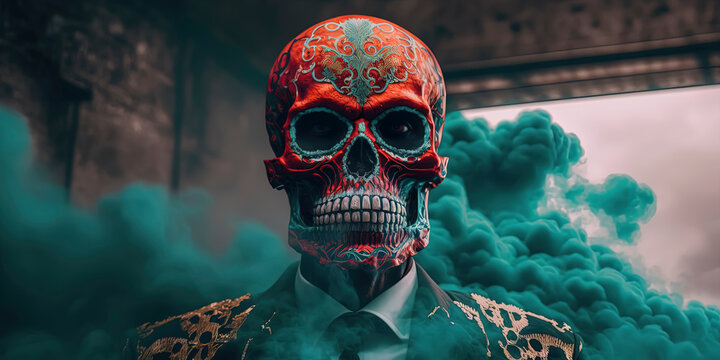 Classic day of the dead skull in suit with flower crown, in the smoke. Generative AI