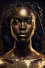 Editorial photo of black woman dripping in gold. Generative AI