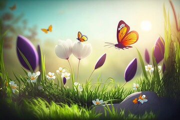 Obraz na płótnie Canvas Beautiful landscape with green grass, flowers and butterfly. Springtime. Flowers and Plants on a Sunny Background, Generative AI