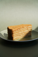 A piece of Napoleon cake on plate, close-up.