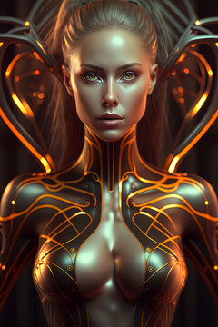 Perfectly sculpted woman strikes pose in skintight bodysuit against neon cityscape. Generative AI