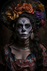 Obraz premium Dia de los Muertos woman with intricate Catrina makeup. Generative AI