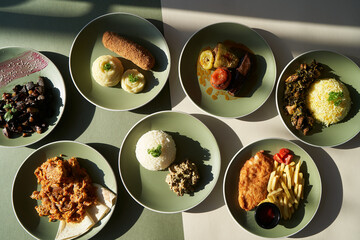 Table served with food plates, top view