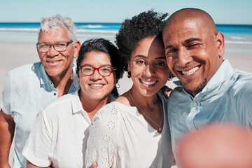 Big family, smile and selfie portrait at beach on vacation, bonding and care at seashore. Holiday relax, summer ocean and couple with grandparents taking pictures for social media and happy memory.